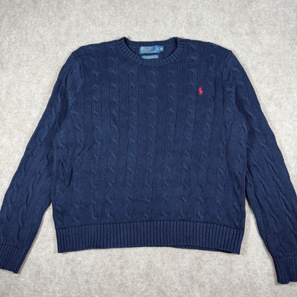 Polo Ralph Lauren Sweater Men XL Navy Blue Cable Knit Pullover Crewneck Red Pony
